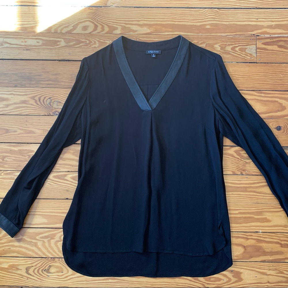 Etcetera black flows top with leather trim size 8